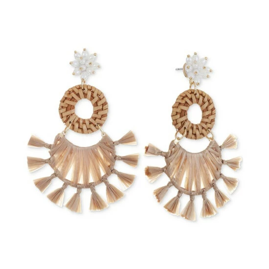 Deals 🔔 INC International Concepts Gold-Tone Imitation Pearl & Raffia-Wrapped Statement Earrings, Created For Macy's Brown ❤️