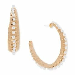 Cheap 🌟 INC International Concepts Gold-Tone Large Imitation Pearl Studded Raffia-Wrapped C-Hoop Earrings, 2.23, Created For Macy's Brown 🥰